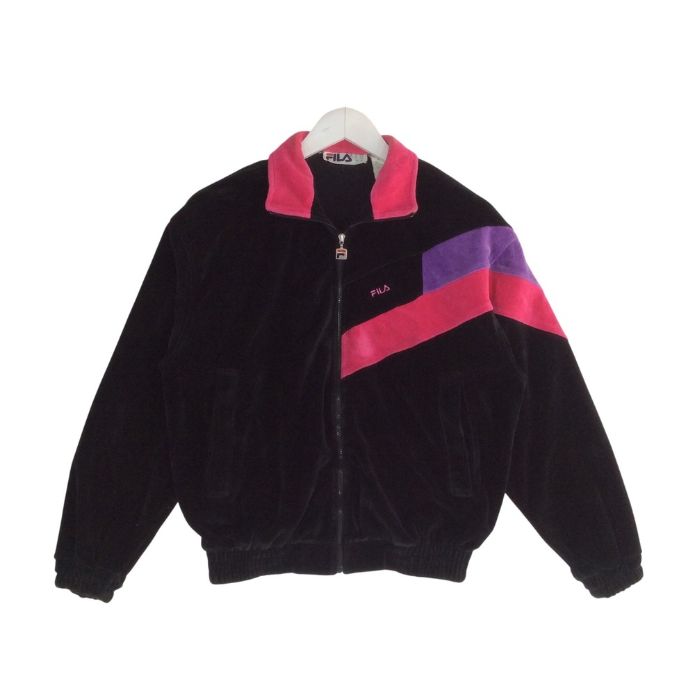 Vintage Fila Velour Track Jacket Womens 4 Black Pink Purple Colorblock Full Zip
